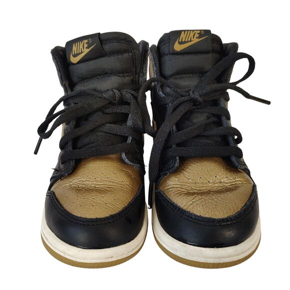 Nike AIR JORDAN 1 Retro High OG TD Black Metallic Gold Toddler 10C Hi Top Shoes - Picture 2 of 8